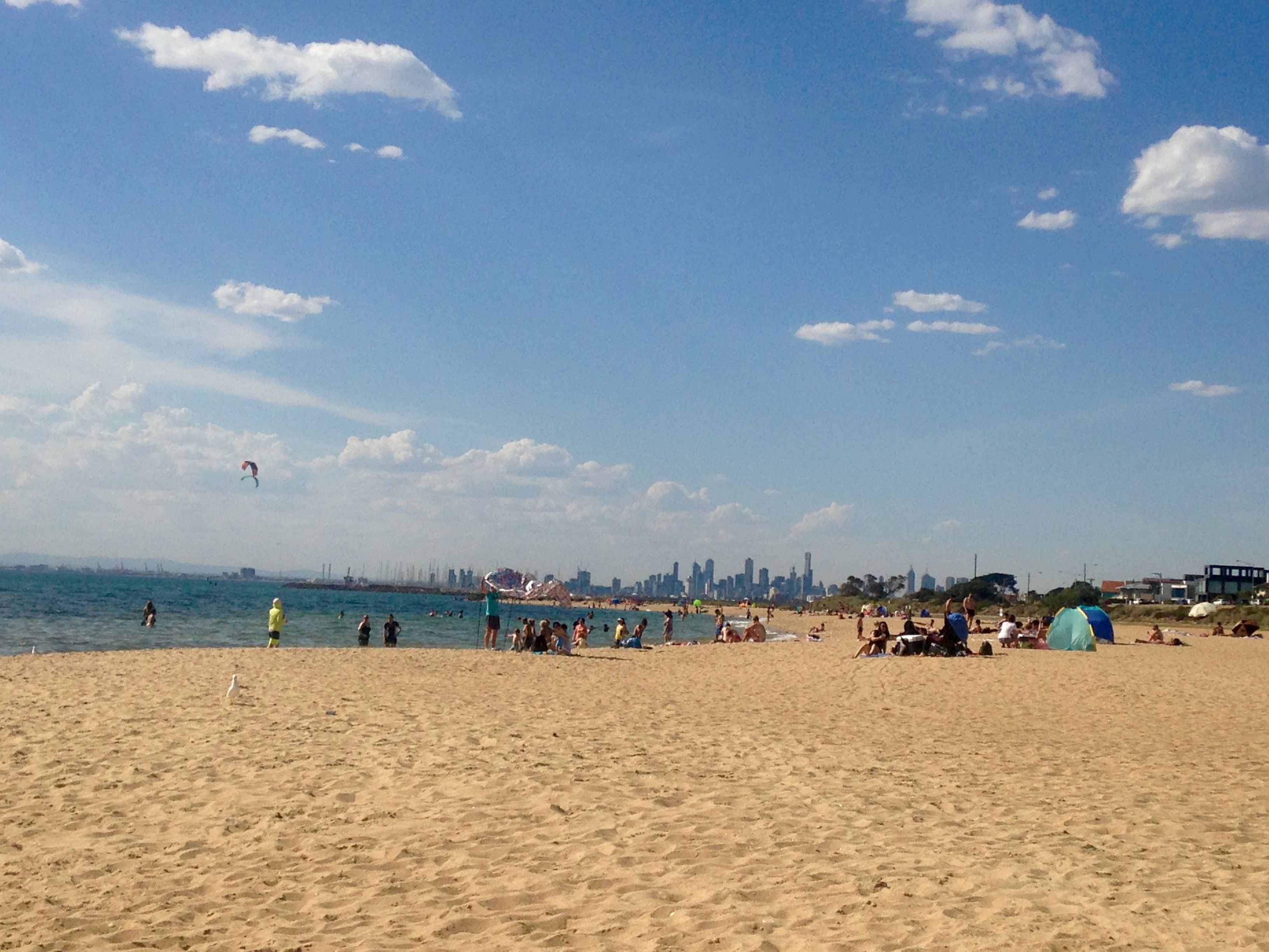 View of Melbourne CBD from Brighton Beach on a sunny summer day, Victoria